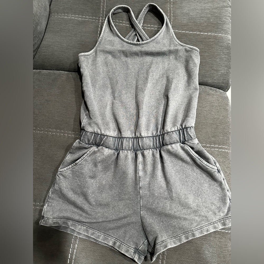 Gray soft sweatshirt material crossback romper